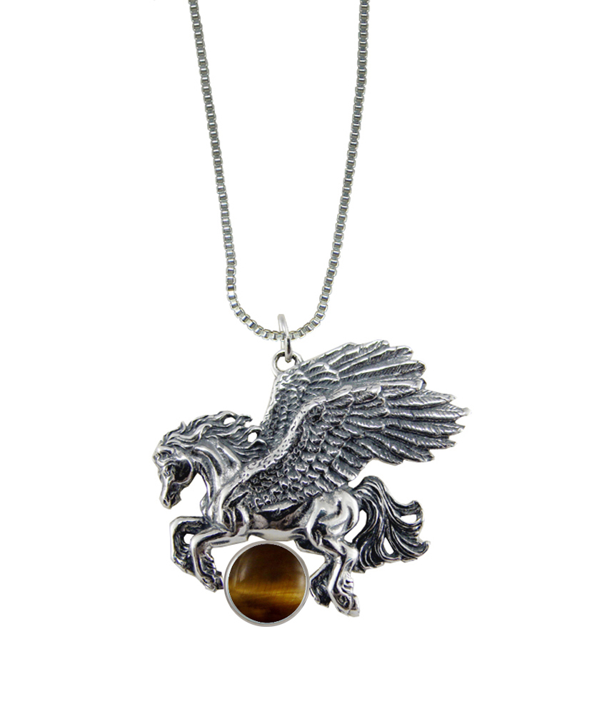 Sterling Silver Detailed Winged Horse Pegasus Pendant With Tiger Eye